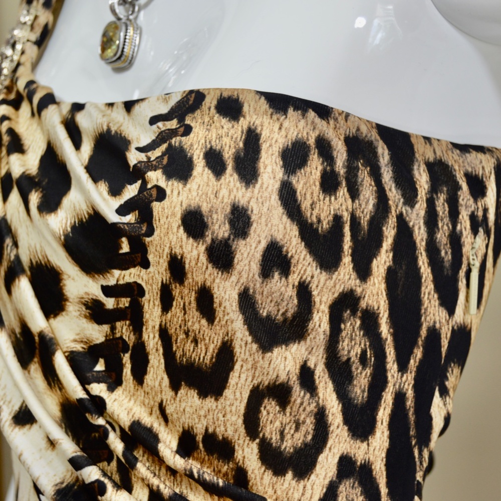 ๐ฎ๐น Roberto Cavalli Brown Animal Print Brooch Detail One Shoulder Dress Size 4 - Picture 6 of 15